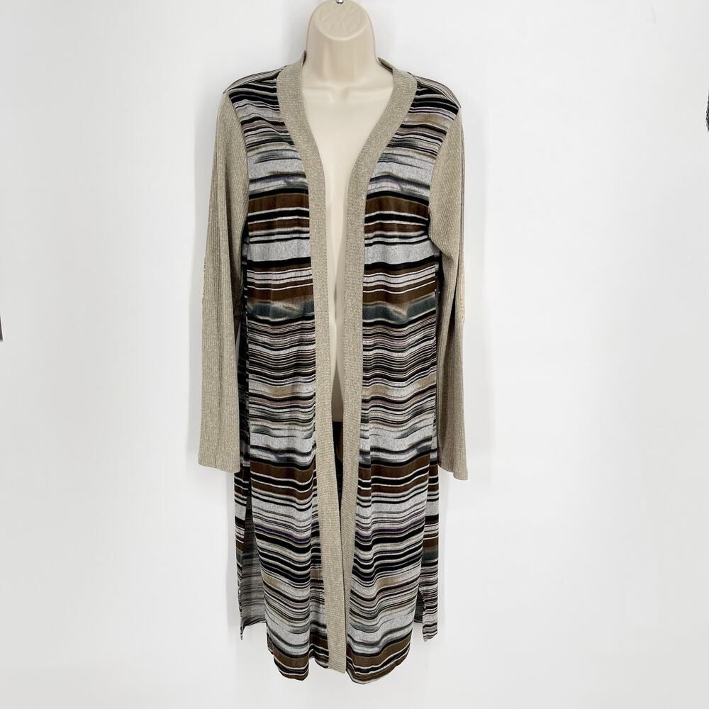 Kori America NEW Sage/Mix Stripes Sequin Elbows Duster Cardigan Womens Sz S